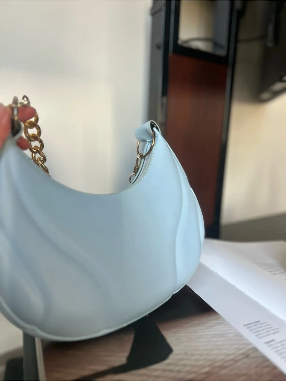 Light Blue Quilted Shoulder Bag with Gold Chain women